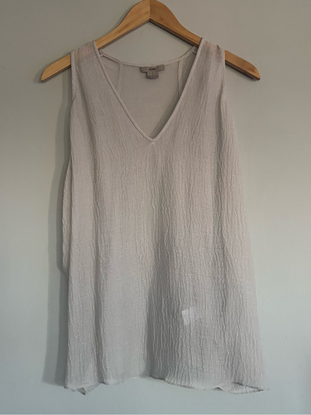 Helmut Lang Light Pale Grey/Off-White Gauzy Crinkle Crepe V-Neck Tank Top Sz-L